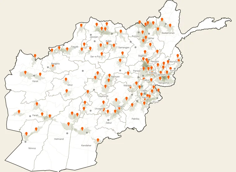 Map of Afghanistan showing 96 candidate rural marketplace sites and their one-hour road catchments