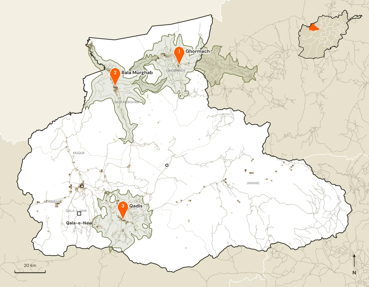 Map of candidate marketplace sites and their road catchments in Badghis