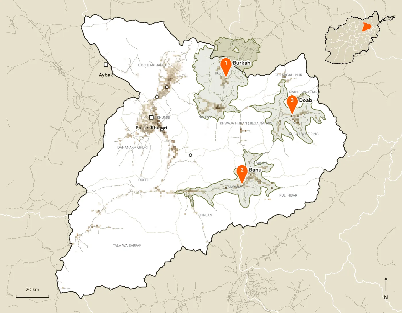 Map of candidate marketplace sites and their road catchments in Baghlan