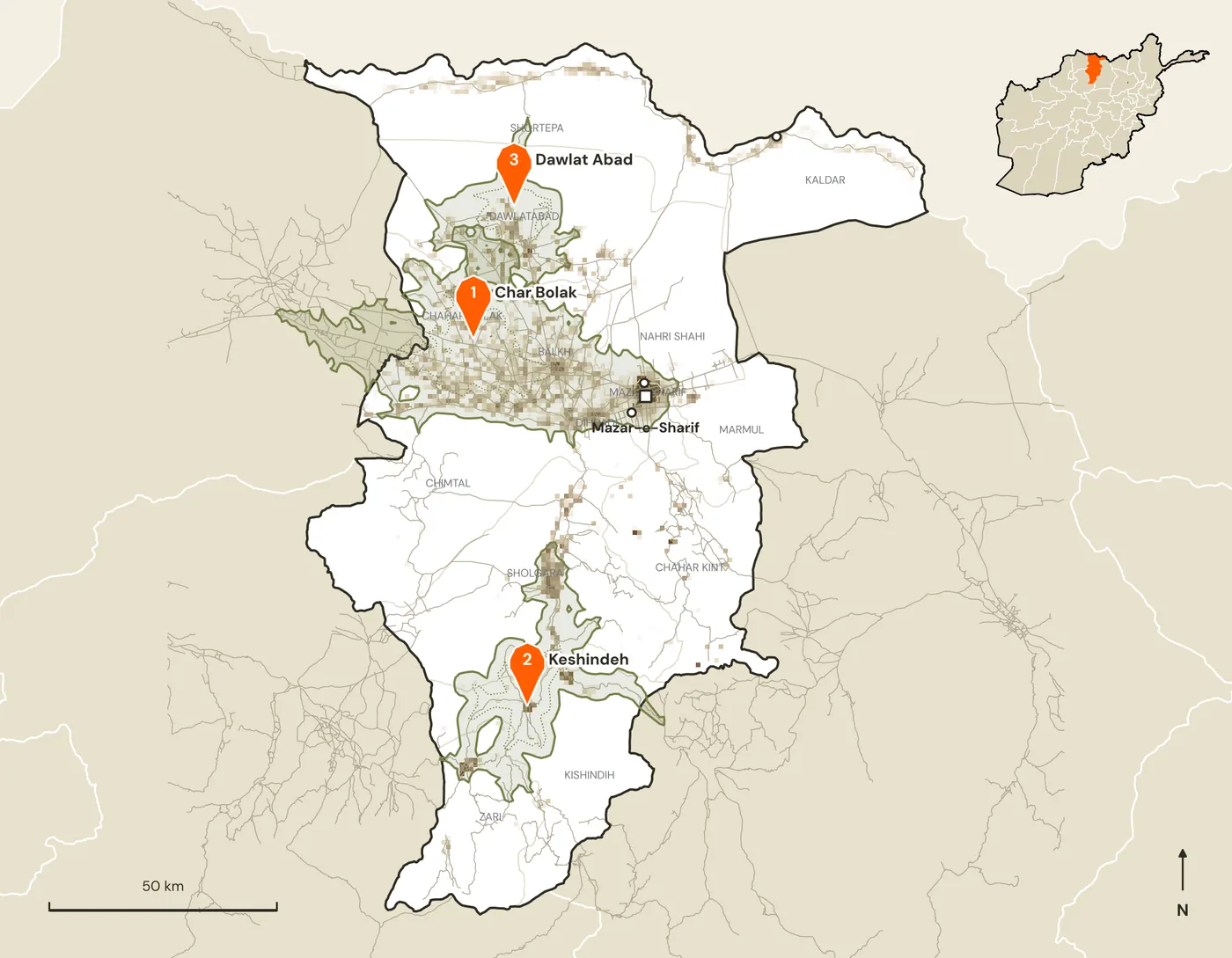 Map of candidate marketplace sites and their road catchments in Balkh