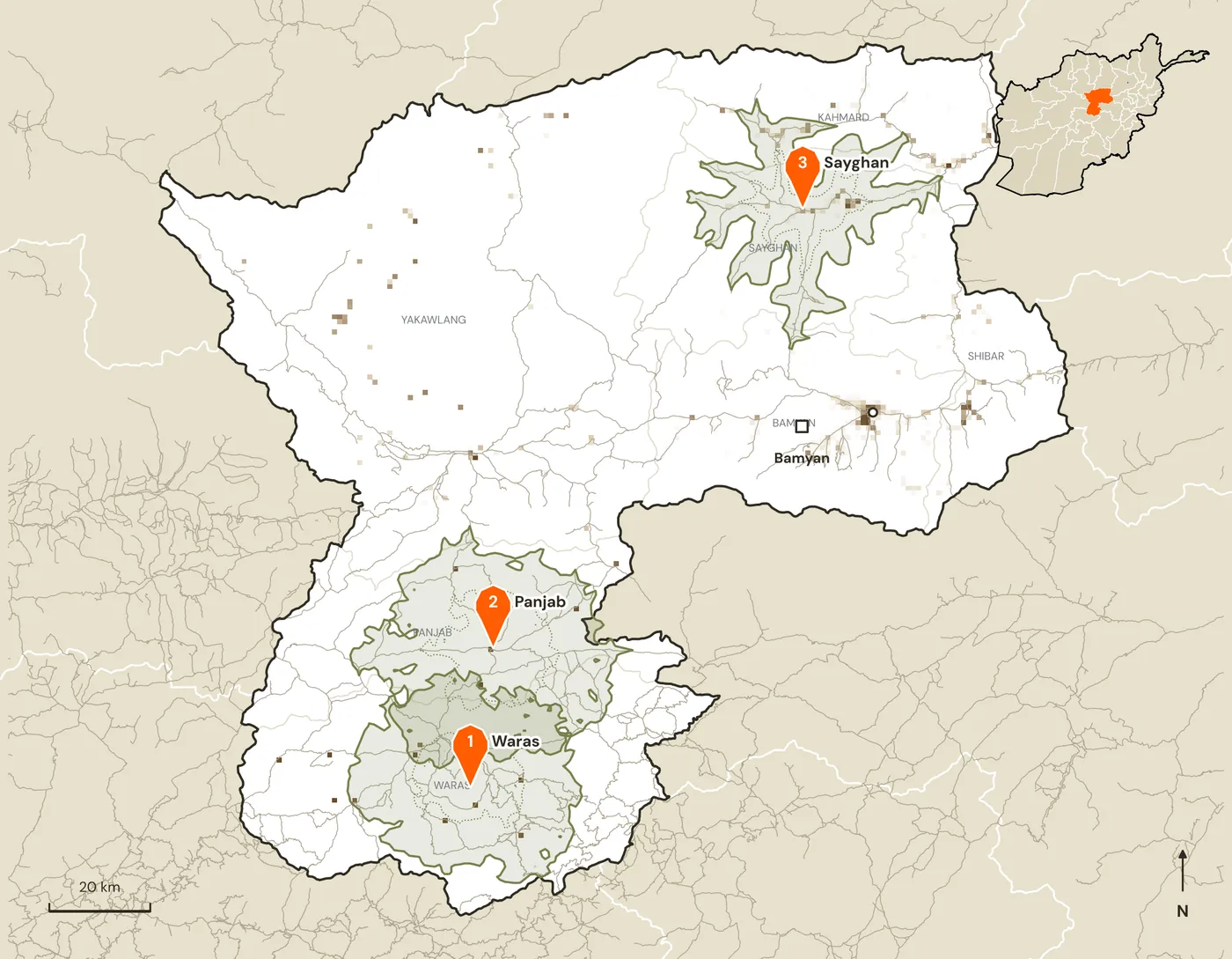 Map of candidate marketplace sites and their road catchments in Bamyan