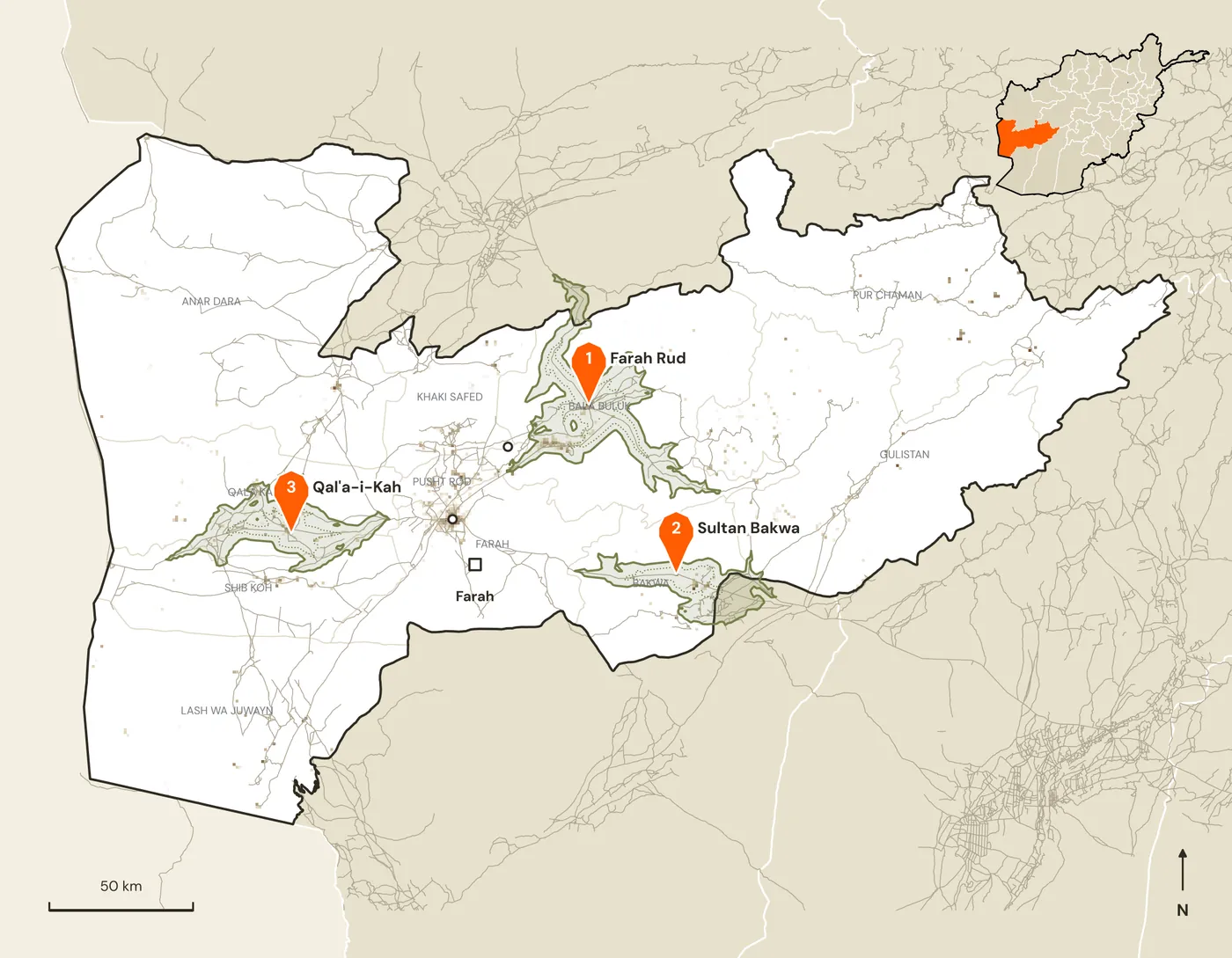 Map of candidate marketplace sites and their road catchments in Farah