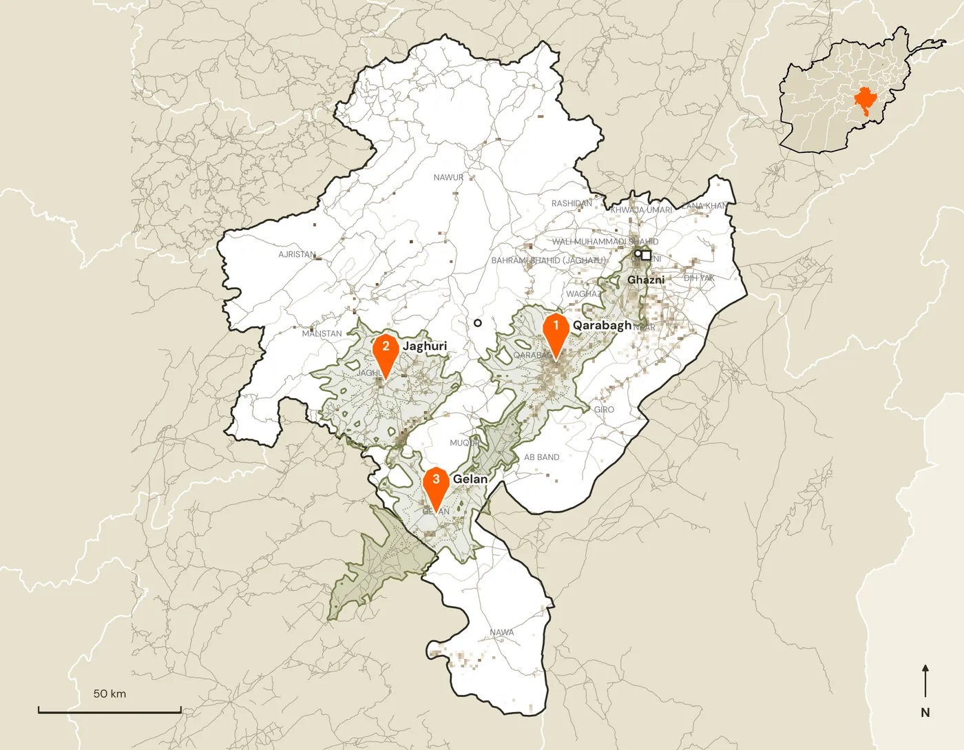 Map of candidate marketplace sites and their road catchments in Ghazni