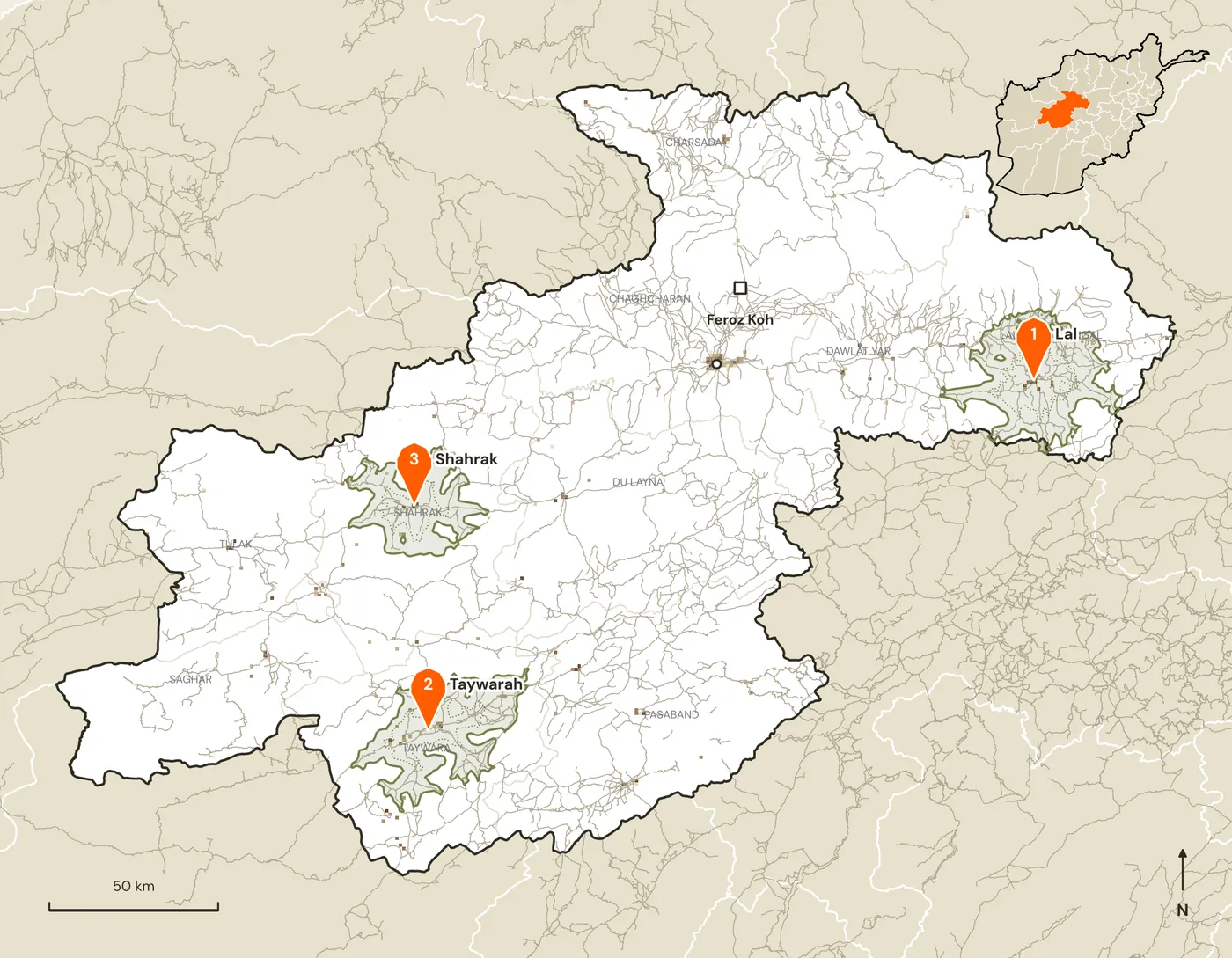 Map of candidate marketplace sites and their road catchments in Ghor