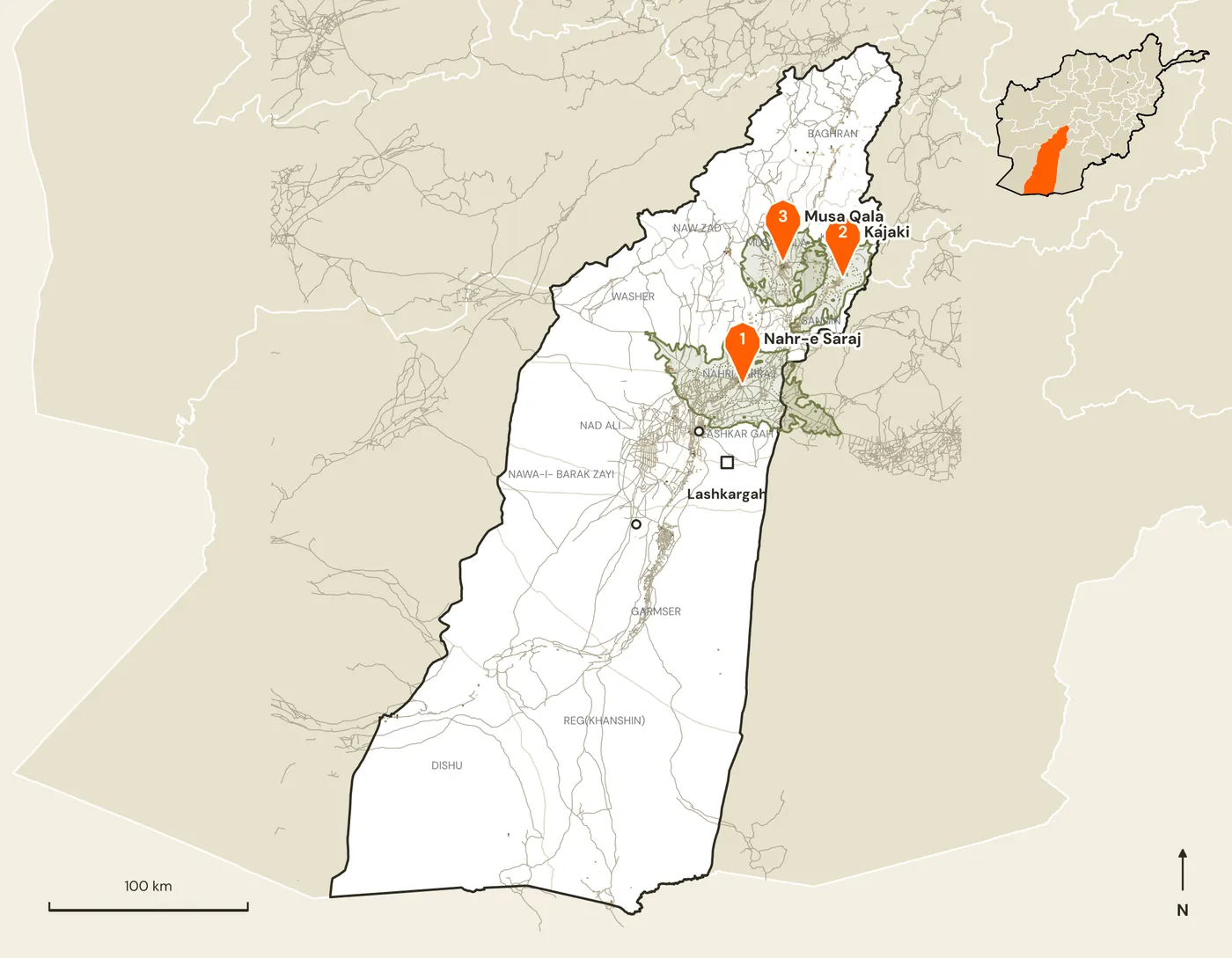 Map of candidate marketplace sites and their road catchments in Helmand