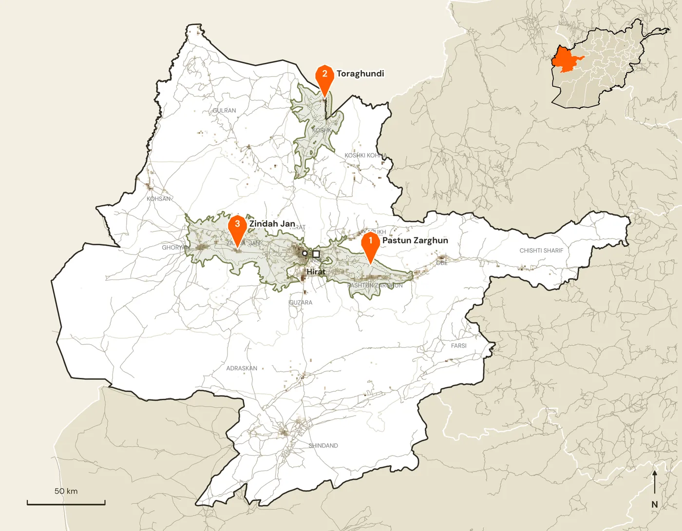 Map of candidate marketplace sites and their road catchments in Herat