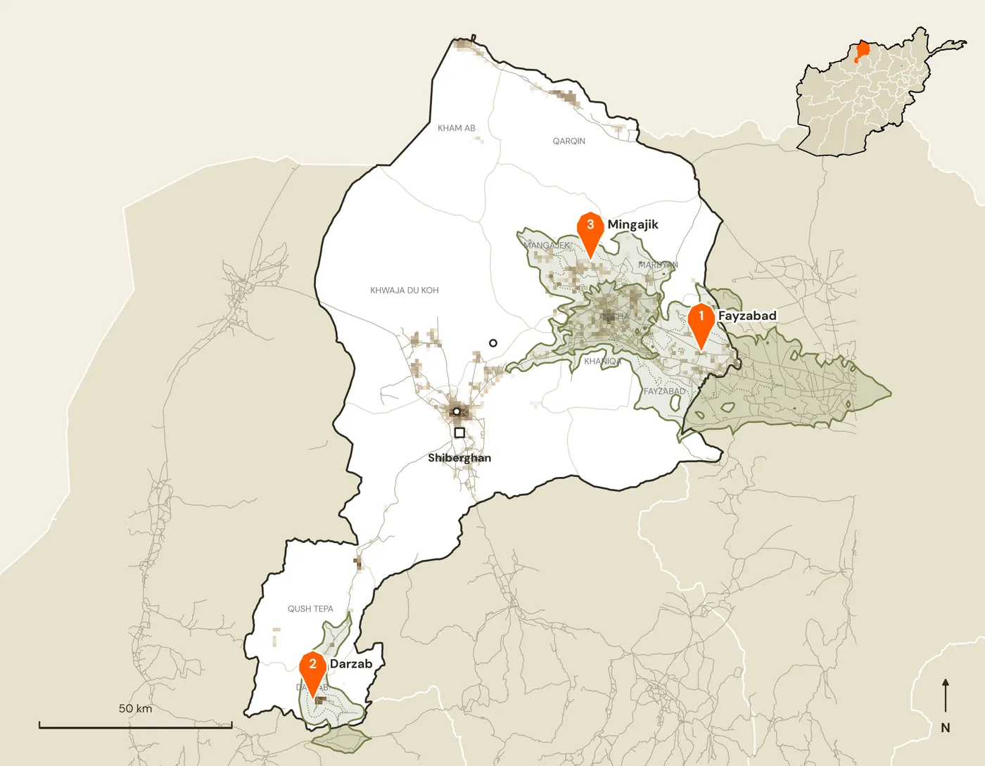 Map of candidate marketplace sites and their road catchments in Jawzjan