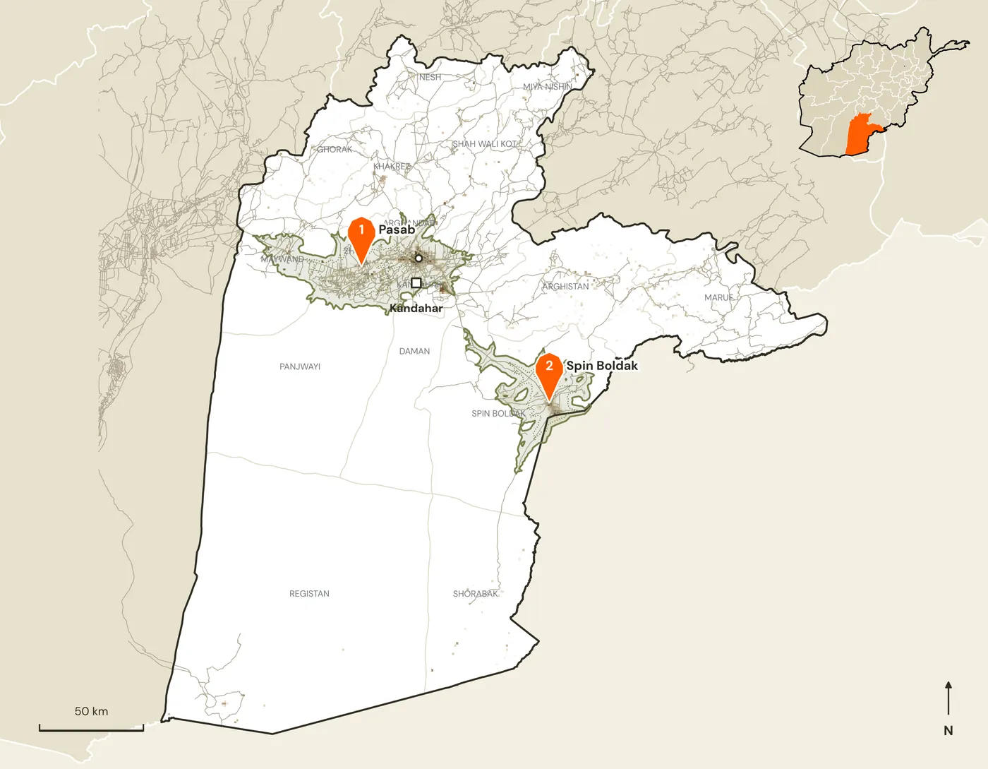 Map of candidate marketplace sites and their road catchments in Kandahar