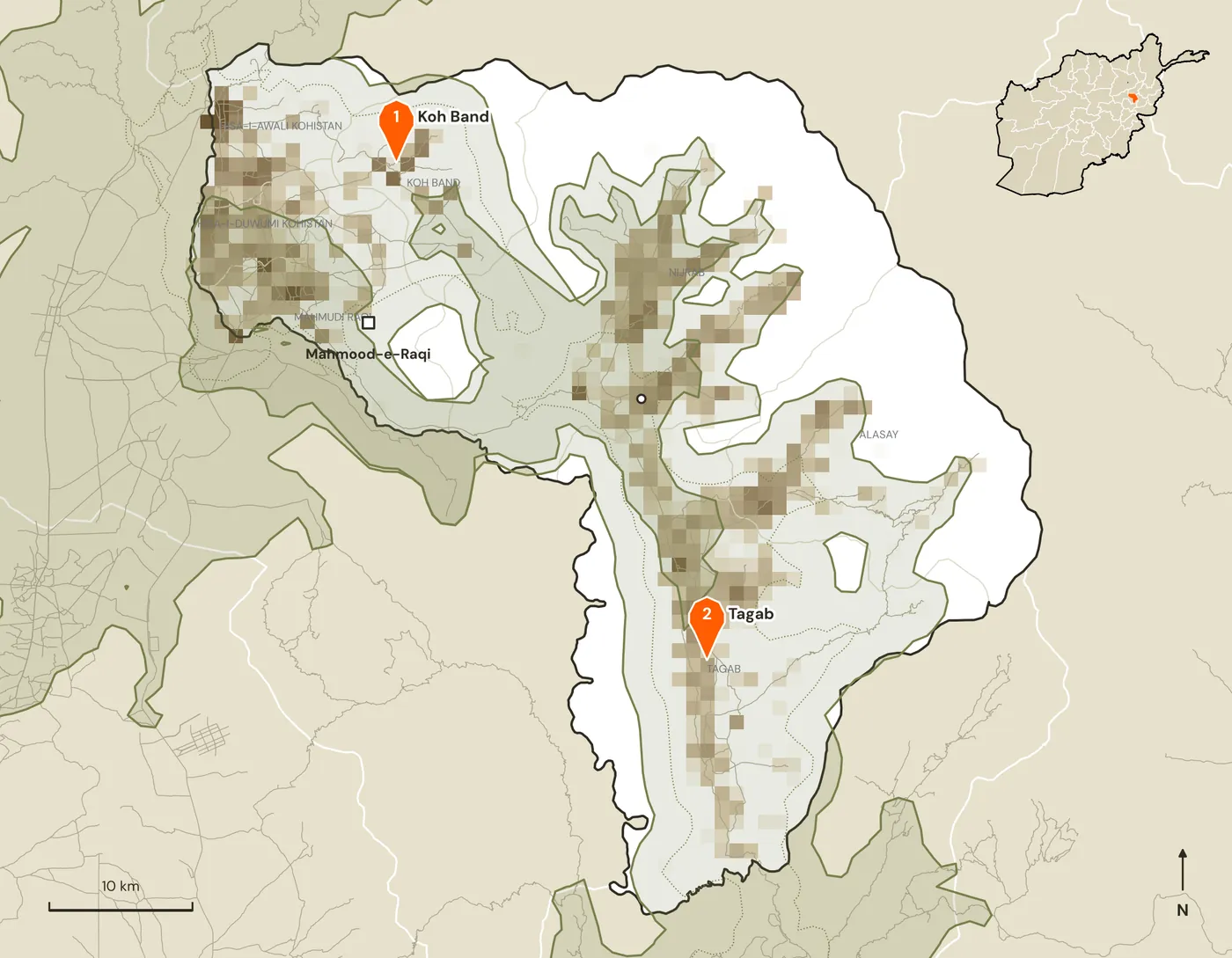 Map of candidate marketplace sites and their road catchments in Kapisa