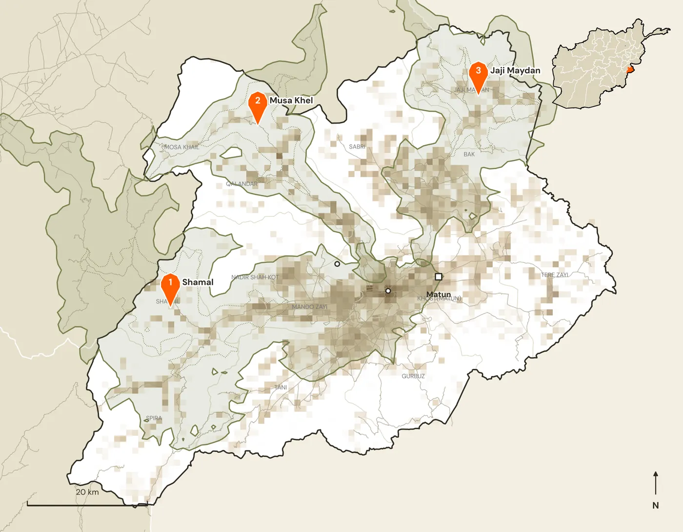Map of candidate marketplace sites and their road catchments in Khost
