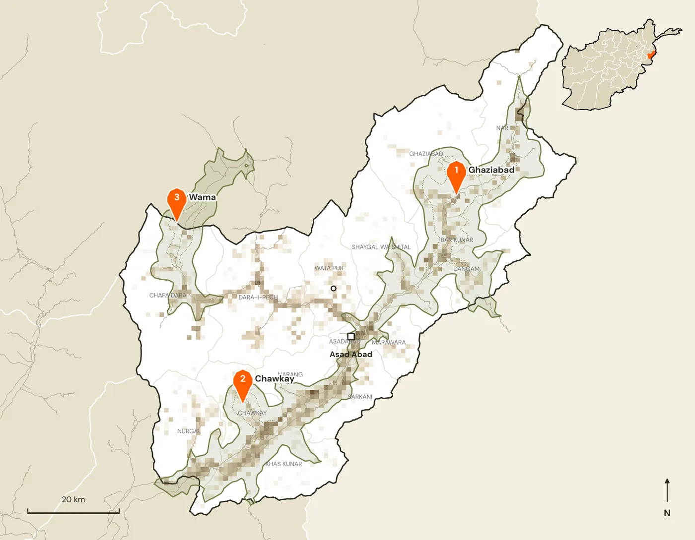Map of candidate marketplace sites and their road catchments in Kunar