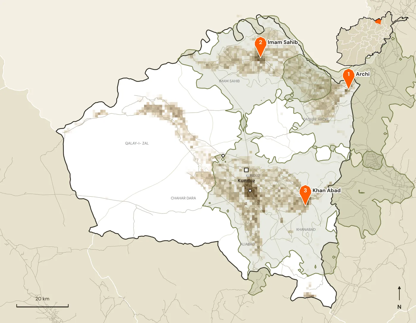 Map of candidate marketplace sites and their road catchments in Kunduz