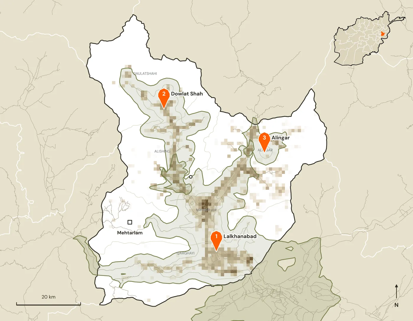Map of candidate marketplace sites and their road catchments in Laghman