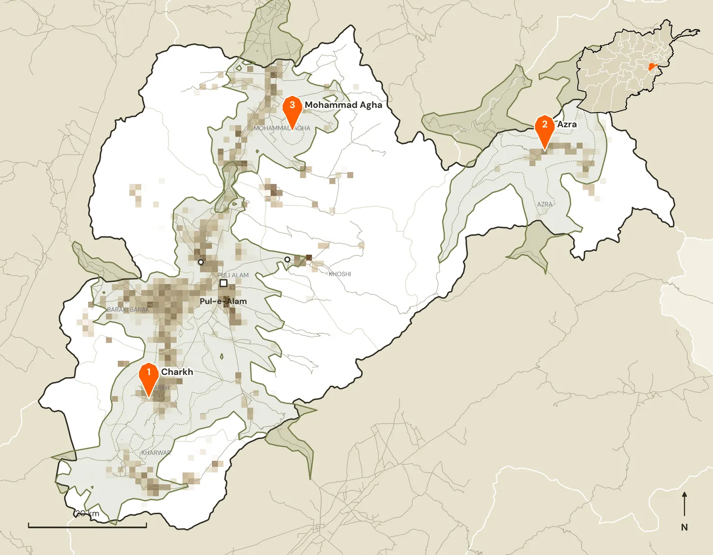 Map of candidate marketplace sites and their road catchments in Logar