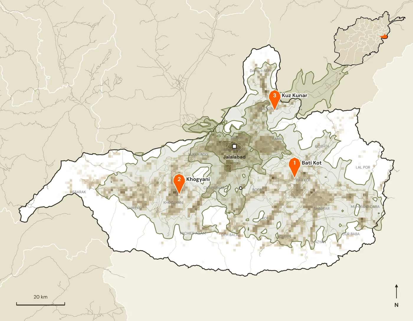 Map of candidate marketplace sites and their road catchments in Nangarhar