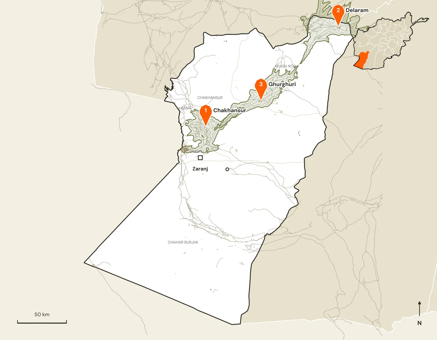 Map of candidate marketplace sites and their road catchments in Nimroz