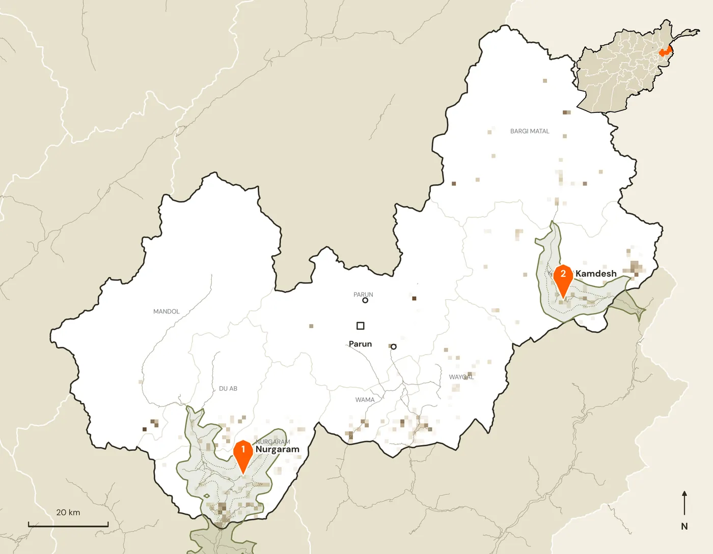 Map of candidate marketplace sites and their road catchments in Nuristan