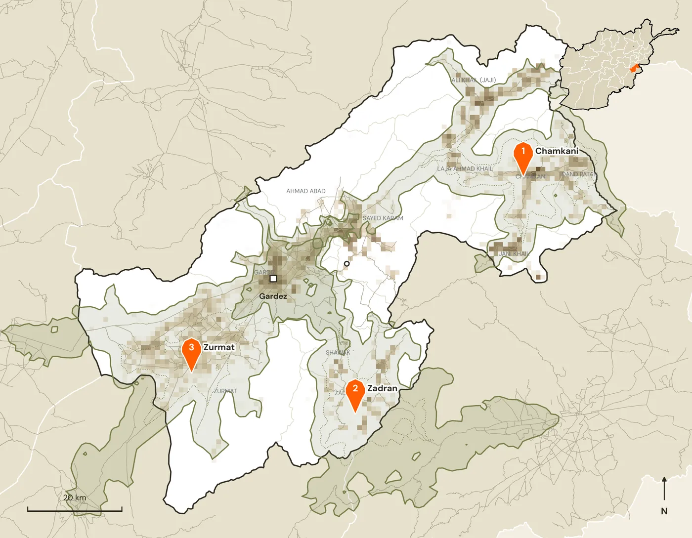 Map of candidate marketplace sites and their road catchments in Paktya