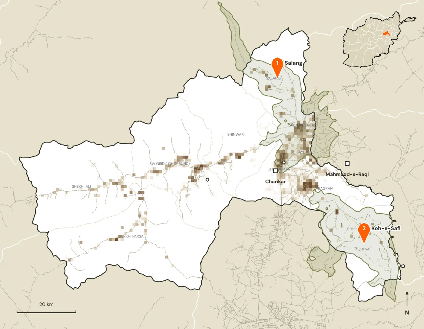 Map of candidate marketplace sites and their road catchments in Parwan