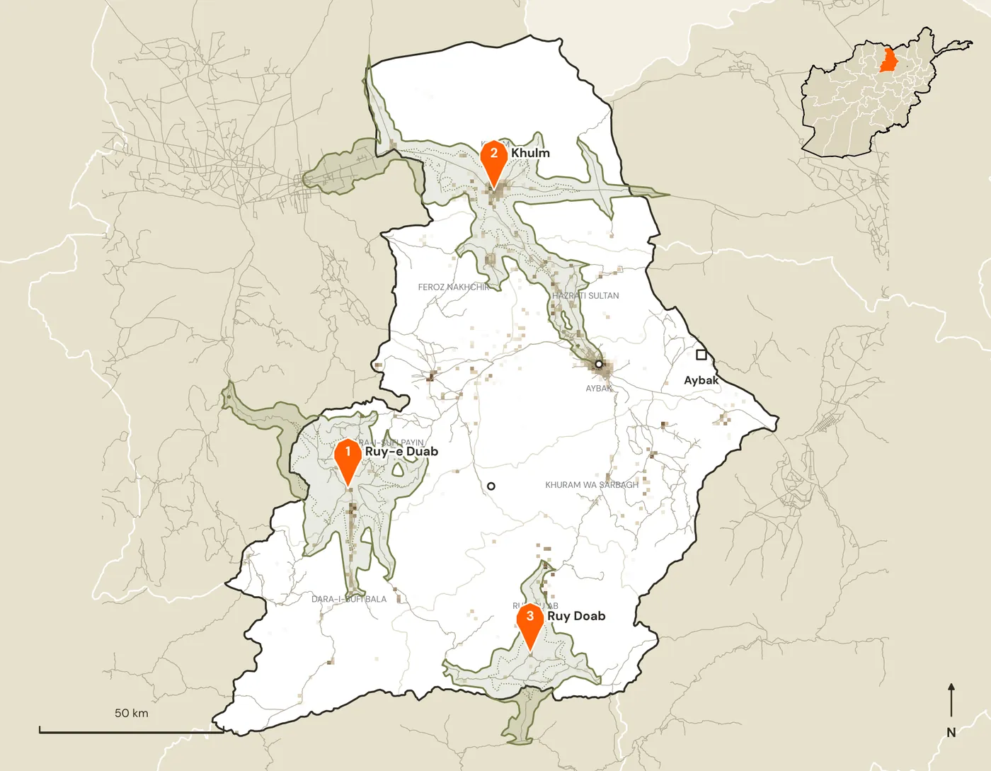 Map of candidate marketplace sites and their road catchments in Samangan