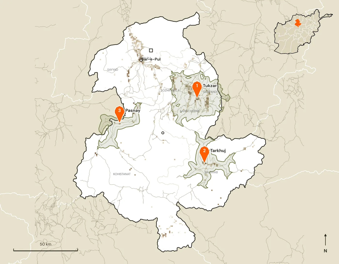Map of candidate marketplace sites and their road catchments in Sar-e Pul