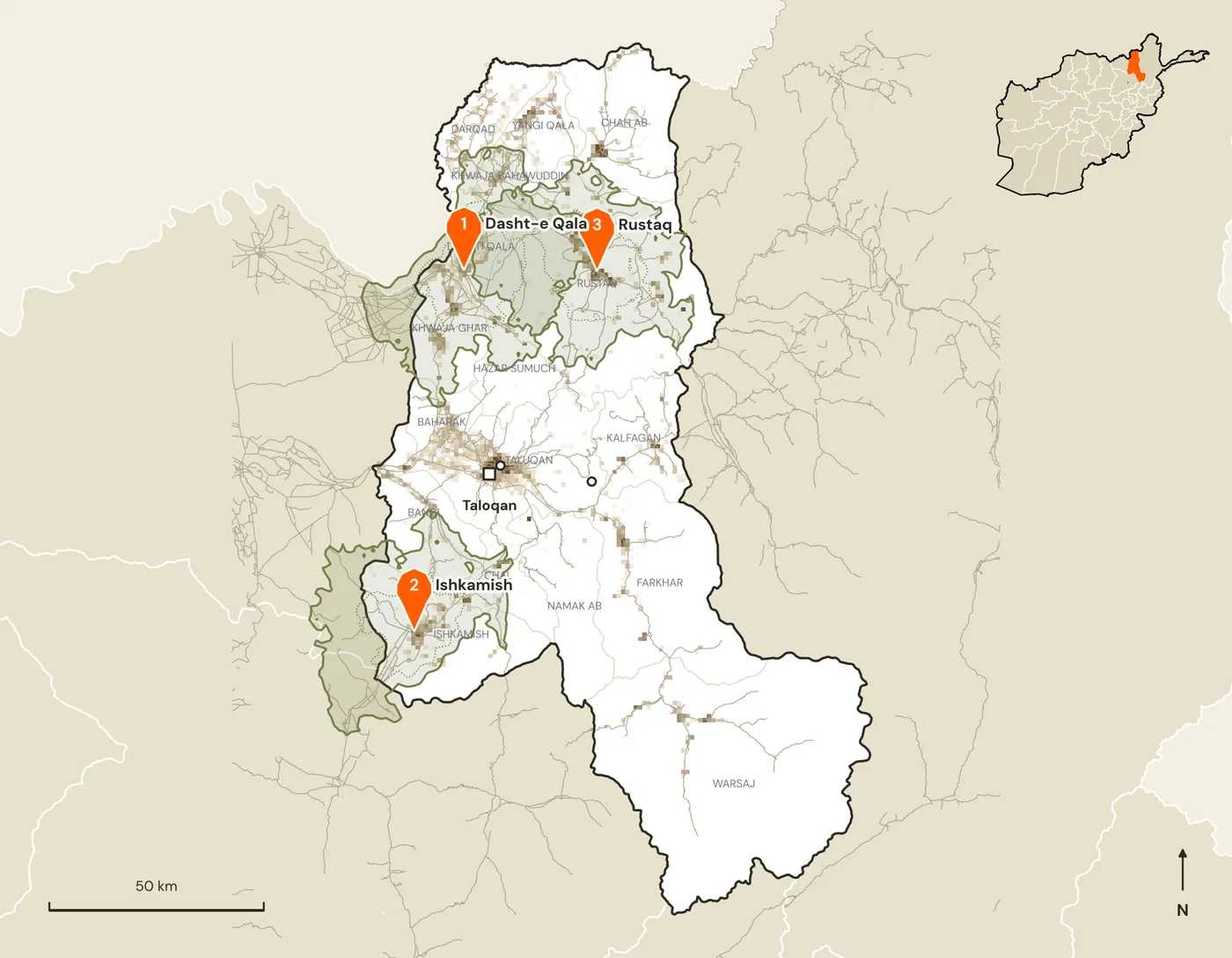 Map of candidate marketplace sites and their road catchments in Takhar