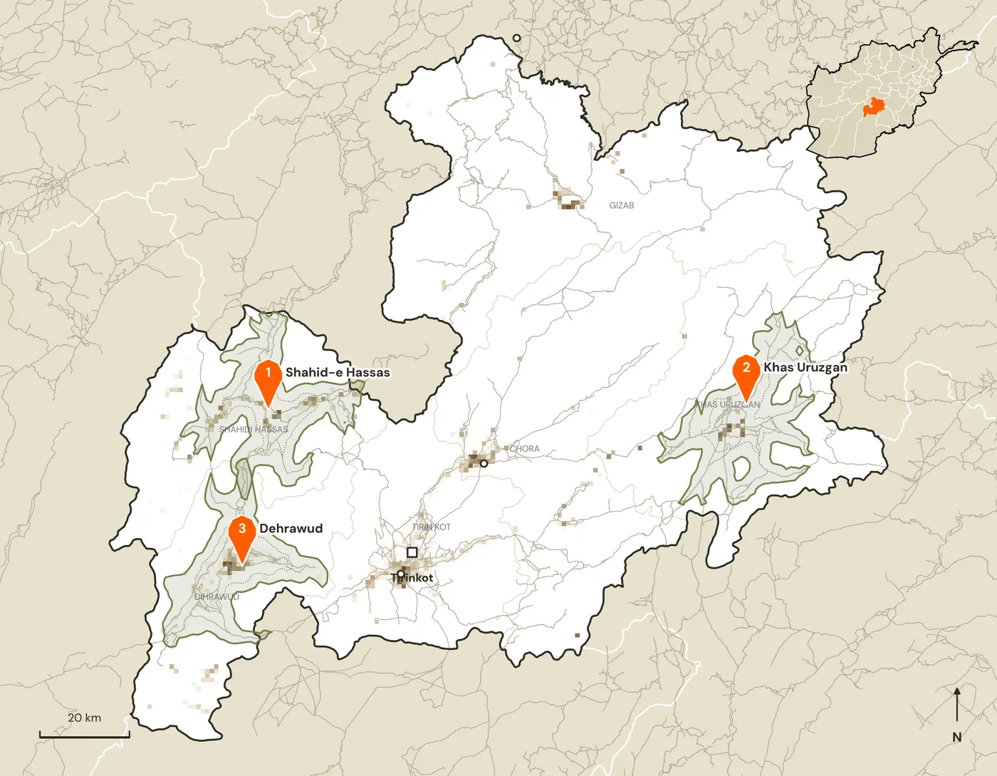 Map of candidate marketplace sites and their road catchments in Uruzgan