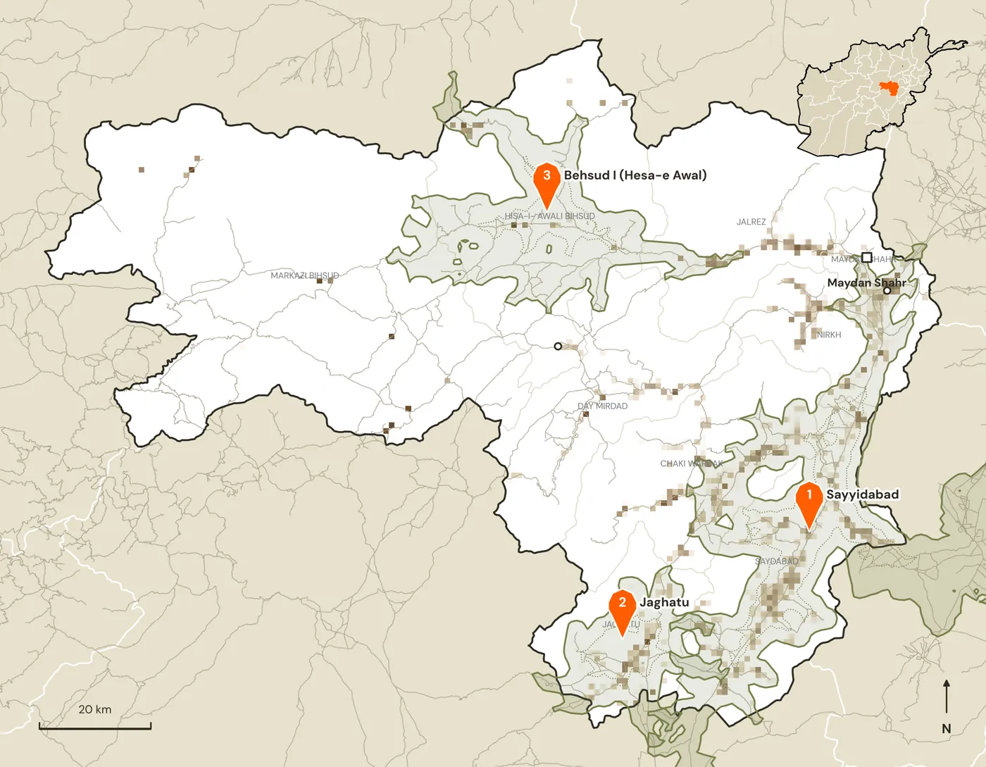 Map of candidate marketplace sites and their road catchments in Wardak