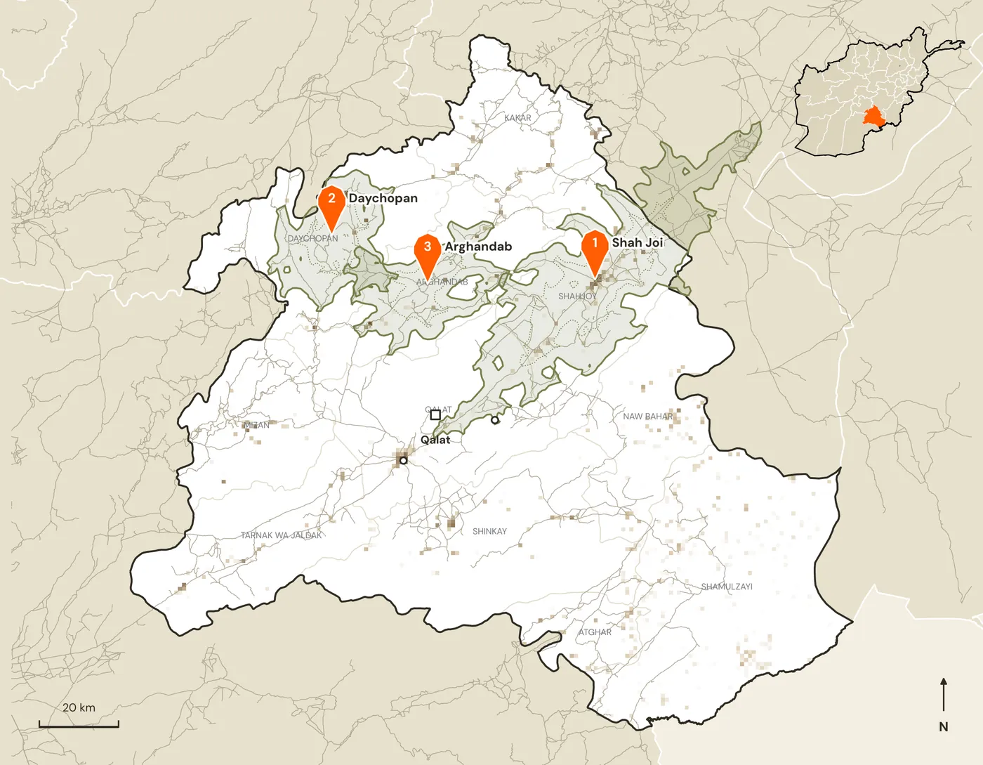 Map of candidate marketplace sites and their road catchments in Zabul